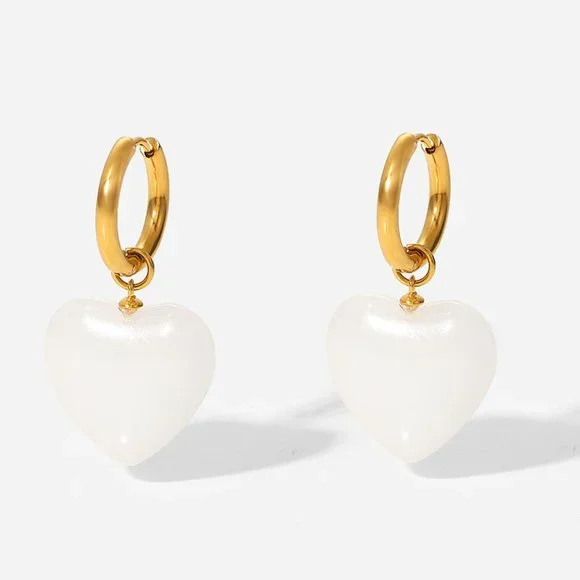 Healing White Jade Heart Hoop Earrings 18K Gold Plated Stainless Steel - Picture 4 of 7